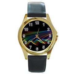  Flowing Fabric Of Rainbow Light, Abstract  Round Leather Watch (gold Rim)  by DianeClancy