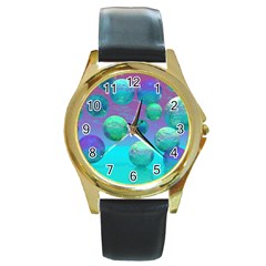 Ocean Dreams, Abstract Aqua Violet Ocean Fantasy Round Leather Watch (gold Rim)  by DianeClancy