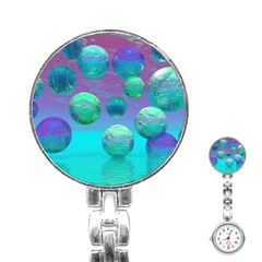 Ocean Dreams, Abstract Aqua Violet Ocean Fantasy Stainless Steel Nurses Watch by DianeClancy