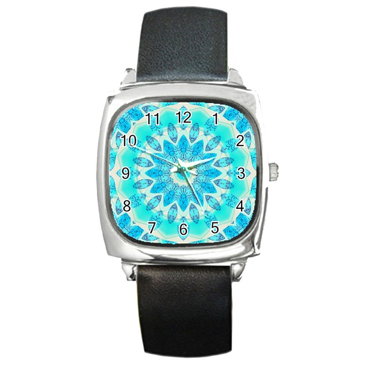 Blue Ice Goddess, Abstract Crystals Of Love Square Leather Watch