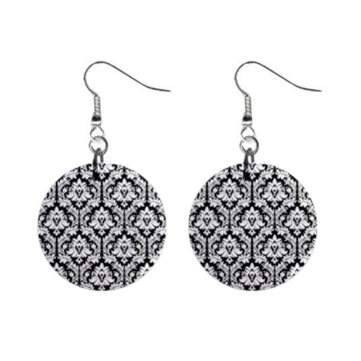 Black & White Damask Pattern 1  Button Earrings