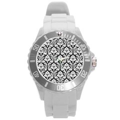 White On Black Damask Plastic Sport Watch (large) by Zandiepants