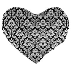 Black & White Damask Pattern Large 19  Premium Heart Shape Cushion by Zandiepants