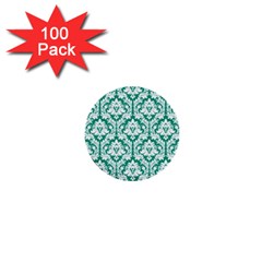 White On Emerald Green Damask 1  Mini Button (100 Pack) by Zandiepants