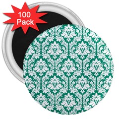 White On Emerald Green Damask 3  Button Magnet (100 Pack) by Zandiepants