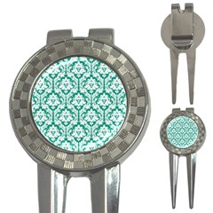 White On Emerald Green Damask Golf Pitchfork & Ball Marker by Zandiepants