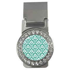 White On Emerald Green Damask Money Clip (cz) by Zandiepants