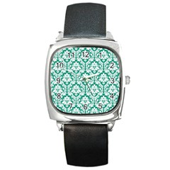 White On Emerald Green Damask Square Leather Watch by Zandiepants