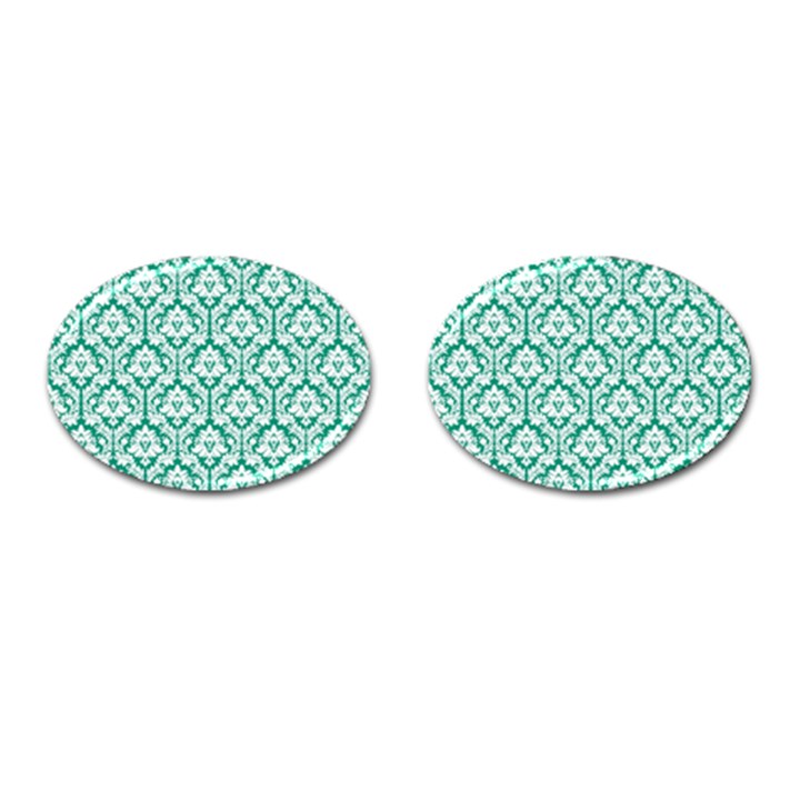 White On Emerald Green Damask Cufflinks (Oval)