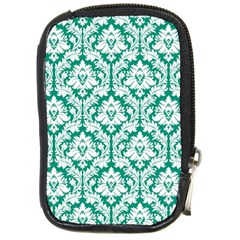 White On Emerald Green Damask Compact Camera Leather Case by Zandiepants