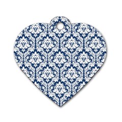 White On Blue Damask Dog Tag Heart (one Sided)  by Zandiepants