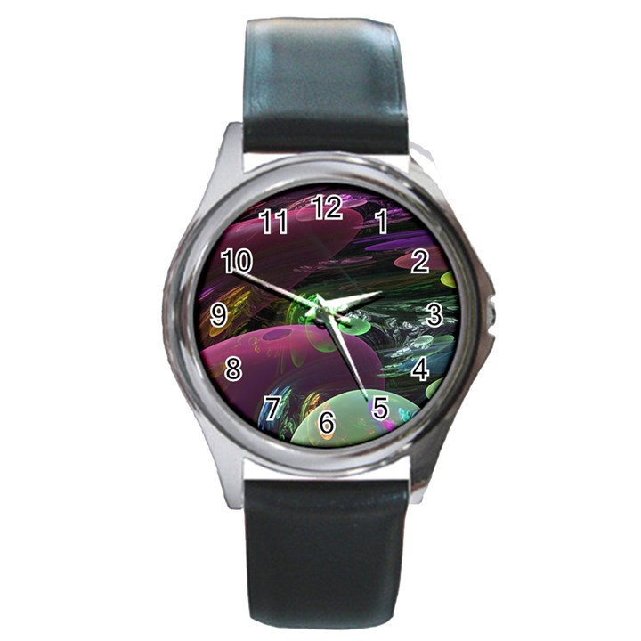 Creation Of The Rainbow Galaxy, Abstract Round Leather Watch (Silver Rim)