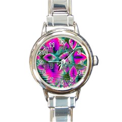 Crystal Flower Garden, Abstract Teal Violet Round Italian Charm Watch by DianeClancy