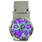 Violet Peacock Feathers, Abstract Crystal Mint Green Money Clip with Watch Front