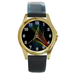 Abstract Rainbow Lily, Colorful Mystical Flower  Round Leather Watch (gold Rim)  by DianeClancy