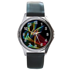 Peacock Symphony, Abstract Rainbow Music Round Leather Watch (silver Rim) by DianeClancy