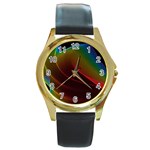 Liquid Rainbow, Abstract Wave Of Cosmic Energy  Round Leather Watch (Gold Rim)  Front