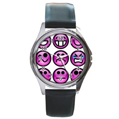 Chronic Pain Emoticons Round Leather Watch (silver Rim) by FunWithFibro