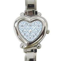 White On Light Blue Damask Heart Italian Charm Watch  by Zandiepants