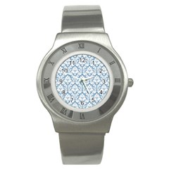 White On Light Blue Damask Stainless Steel Watch (slim) by Zandiepants