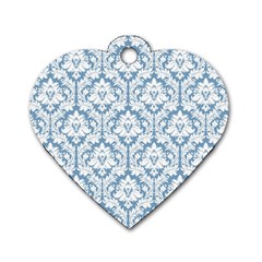 White On Light Blue Damask Dog Tag Heart (two Sided) by Zandiepants