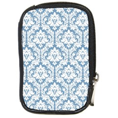 White On Light Blue Damask Compact Camera Leather Case by Zandiepants