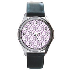 White On Lilac Damask Round Leather Watch (silver Rim) by Zandiepants