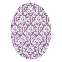 White On Lilac Damask Oval Ornament (two Sides) by Zandiepants