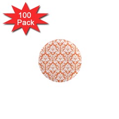 White On Orange Damask 1  Mini Button Magnet (100 Pack)