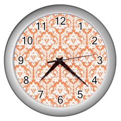 White On Orange Damask Wall Clock (silver) by Zandiepants