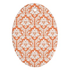 White On Orange Damask Oval Ornament (two Sides)