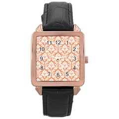 White On Orange Damask Rose Gold Leather Watch  by Zandiepants