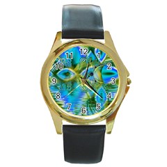 Mystical Spring, Abstract Crystal Renewal Round Leather Watch (Gold Rim) 