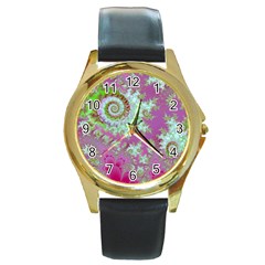 Raspberry Lime Surprise, Abstract Sea Garden  Round Leather Watch (gold Rim)  by DianeClancy