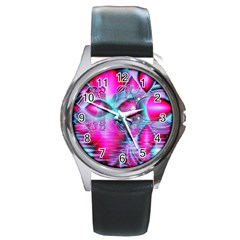 Ruby Red Crystal Palace, Abstract Jewels Round Leather Watch (silver Rim) by DianeClancy