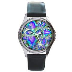 Abstract Peacock Celebration, Golden Violet Teal Round Leather Watch (silver Rim) by DianeClancy