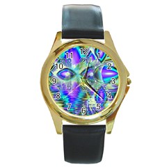 Abstract Peacock Celebration, Golden Violet Teal Round Leather Watch (gold Rim)  by DianeClancy