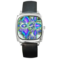 Abstract Peacock Celebration, Golden Violet Teal Square Leather Watch by DianeClancy