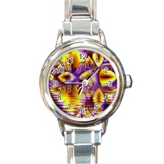 Golden Violet Crystal Palace, Abstract Cosmic Explosion Round Italian Charm Watch by DianeClancy