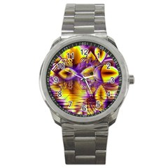 Golden Violet Crystal Palace, Abstract Cosmic Explosion Sport Metal Watch by DianeClancy
