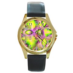 Raspberry Lime Mystical Magical Lake, Abstract  Round Leather Watch (gold Rim)  by DianeClancy