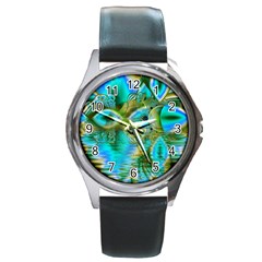 Crystal Gold Peacock, Abstract Mystical Lake Round Leather Watch (silver Rim) by DianeClancy