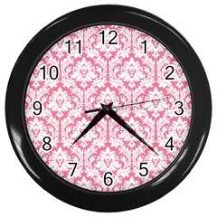 White On Soft Pink Damask Wall Clock (black) by Zandiepants