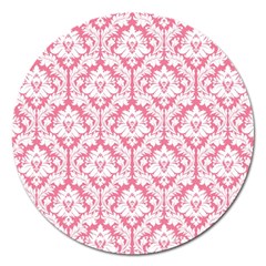 White On Soft Pink Damask Magnet 5  (round) by Zandiepants