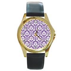 White On Purple Damask Round Leather Watch (gold Rim) 