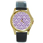 White on Purple Damask Round Leather Watch (Gold Rim)  Front