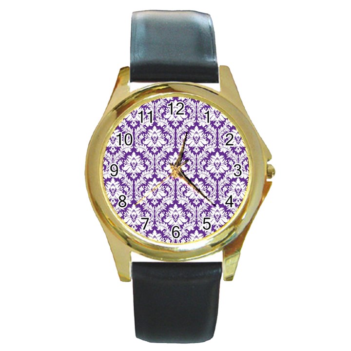 White on Purple Damask Round Leather Watch (Gold Rim) 