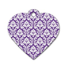 White On Purple Damask Dog Tag Heart (two Sided) by Zandiepants