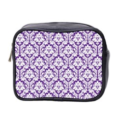 White On Purple Damask Mini Travel Toiletry Bag (two Sides) by Zandiepants