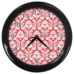 White On Red Damask Wall Clock (black) by Zandiepants